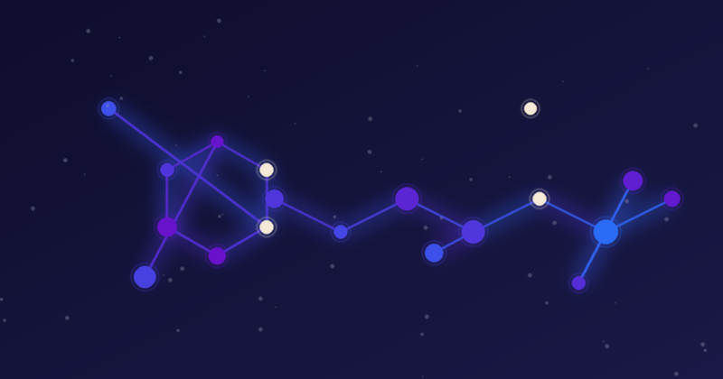 Abstract molecular structure of L-theanine rendered as a glowing constellation of nodes in XYNE purple and blue, representing the green-tea amino acid.