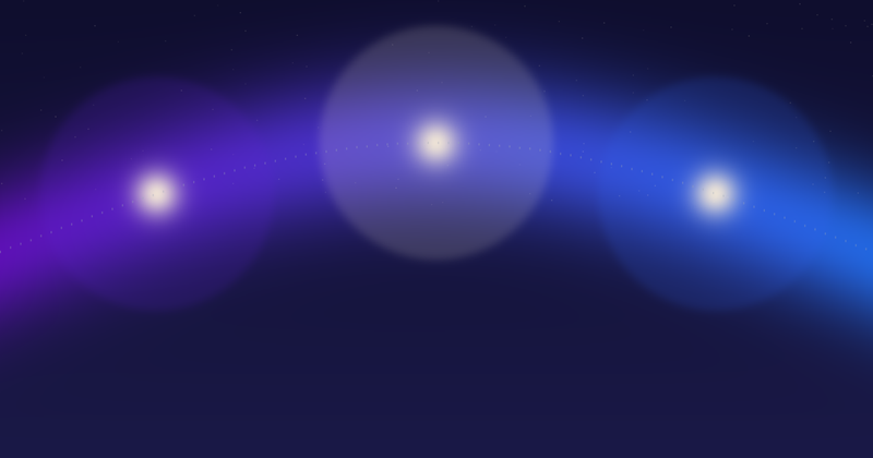 Abstract day-arc of three glowing time-block nodes — morning, midday, and evening — in XYNE purple and blue, representing a pharmacokinetics-backed daily supplement routine.