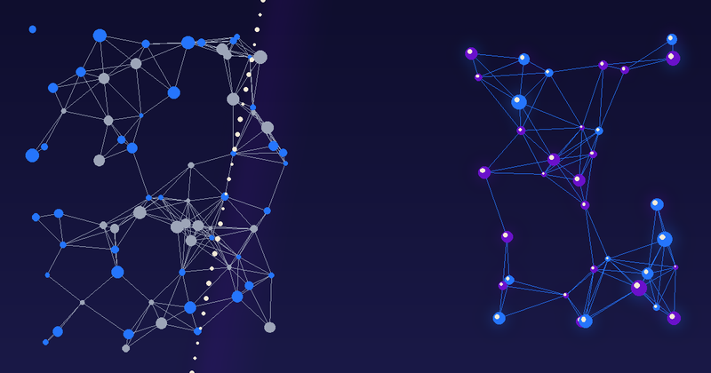 Abstract XYNE concept: a glowing filter membrane separating mixed muted particles from clean purple-and-blue particles that pass through, representing gluten being filtered out of a supplement.