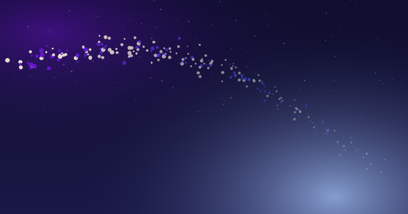 Abstract XYNE diagram: a dense cluster of purple and cream particles at upper left thinning into a calm cream-blue dawn glow at lower right, representing the arc from a night out to morning-after recovery.