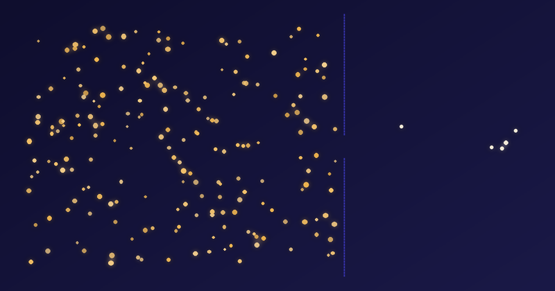 Abstract XYNE diagram: a dense stream of golden turmeric-colored particles blocked by a membrane, with only a few passing through, representing curcumin's roughly 1% oral bioavailability.