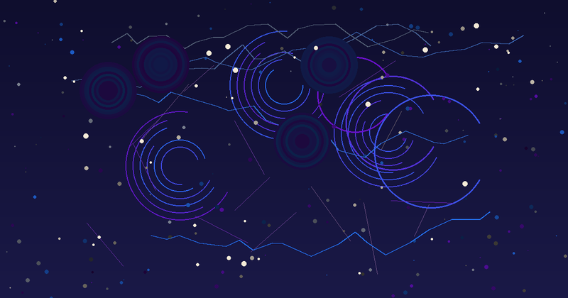 Abstract geometric art with certification seal rings and crescent arcs in deep purple and blue gradient — halal supplement certification concept