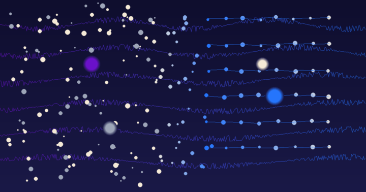 Abstract visualization of saffron calming emotional eating patterns — chaotic particles transitioning to ordered serotonin pathway nodes