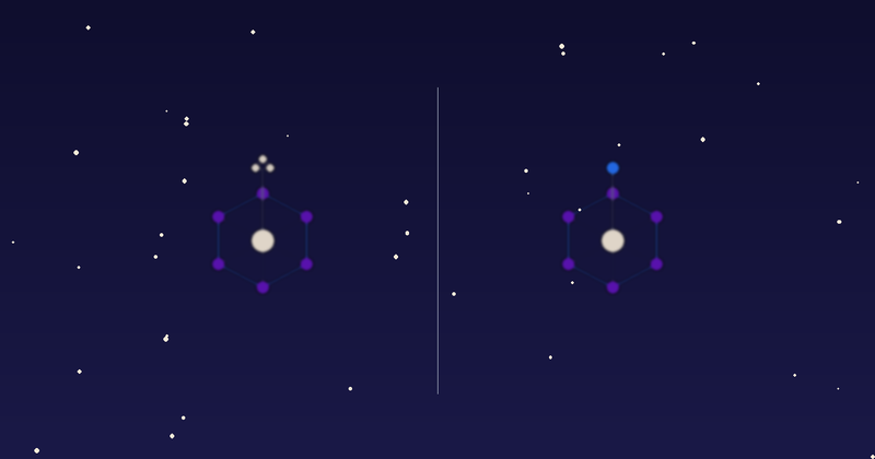 Abstract XYNE diagram: two cobalamin molecule abstractions side by side with cream cobalt centers and purple corrin rings, differing only by the attached group — a methyl cluster vs a single cyano dot — representing methylcobalamin vs cyanocobalamin.