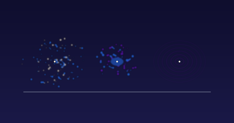 Abstract XYNE diagram: three glowing dissolution forms in purple and blue — a fast-scattering film, a denser sublingual tablet core, and slow concentric lozenge rings — representing three mucosal delivery formats.