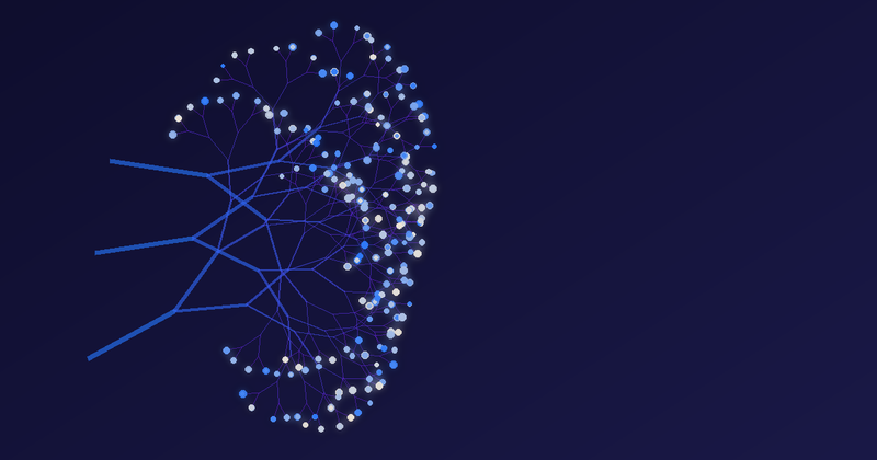 Abstract XYNE diagram: a dendritic, neuron-like branching structure in purple and blue with cream nodes, representing Lion's Mane compounds and cognitive-wellness pathways.
