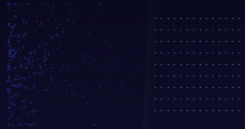 Abstract XYNE diagram: a dense chaotic swarm of purple and blue particles on the left resolving into a calm, evenly ordered lattice of glowing dots on the right, representing quieting food noise into appetite balance.