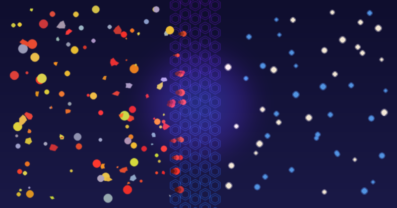 Abstract visualization of allergen filtration — chaotic particles on the left filtered through a hexagonal pullulan lattice barrier, with clean uniform particles emerging on the right, in XYNE Health brand palette