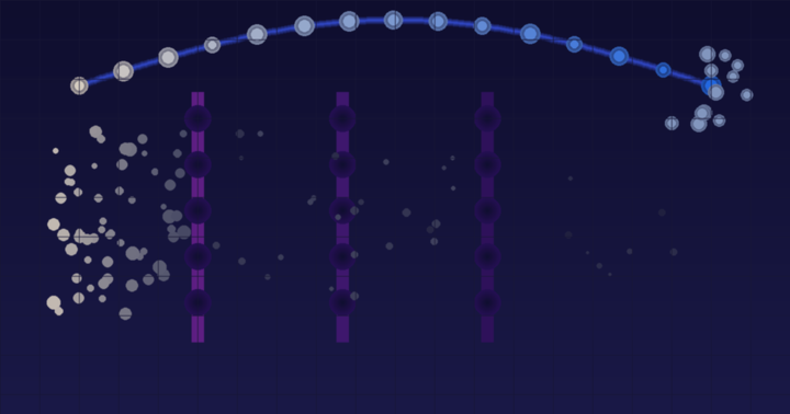 Abstract visualization of three medication barriers blocking B12 particle flow with a glowing sublingual bypass arc — B12 deficiency medication depletion concept
