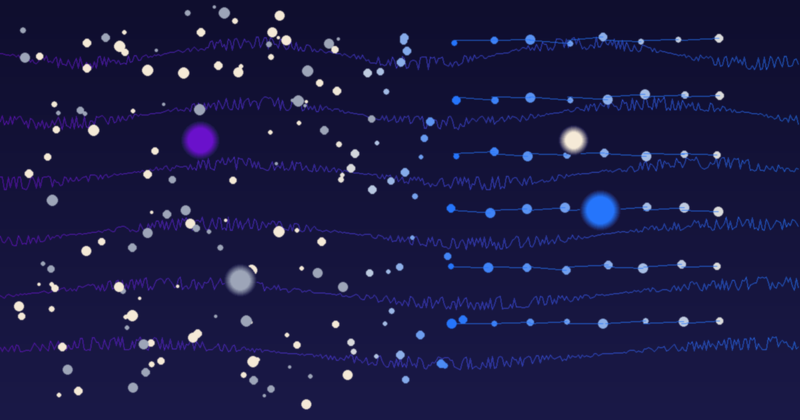 Abstract visualization of saffron calming emotional eating patterns — chaotic particles transitioning to ordered serotonin pathway nodes