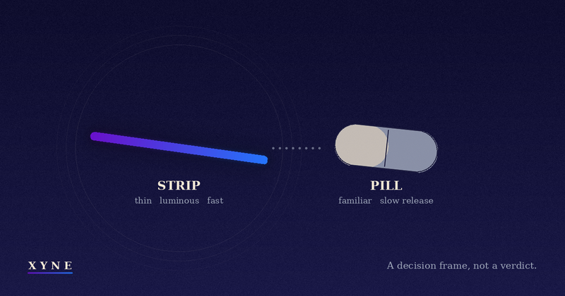 Two abstract objects in dialogue: a luminous gradient strip beside a muted capsule pill, framing the decision between formats.