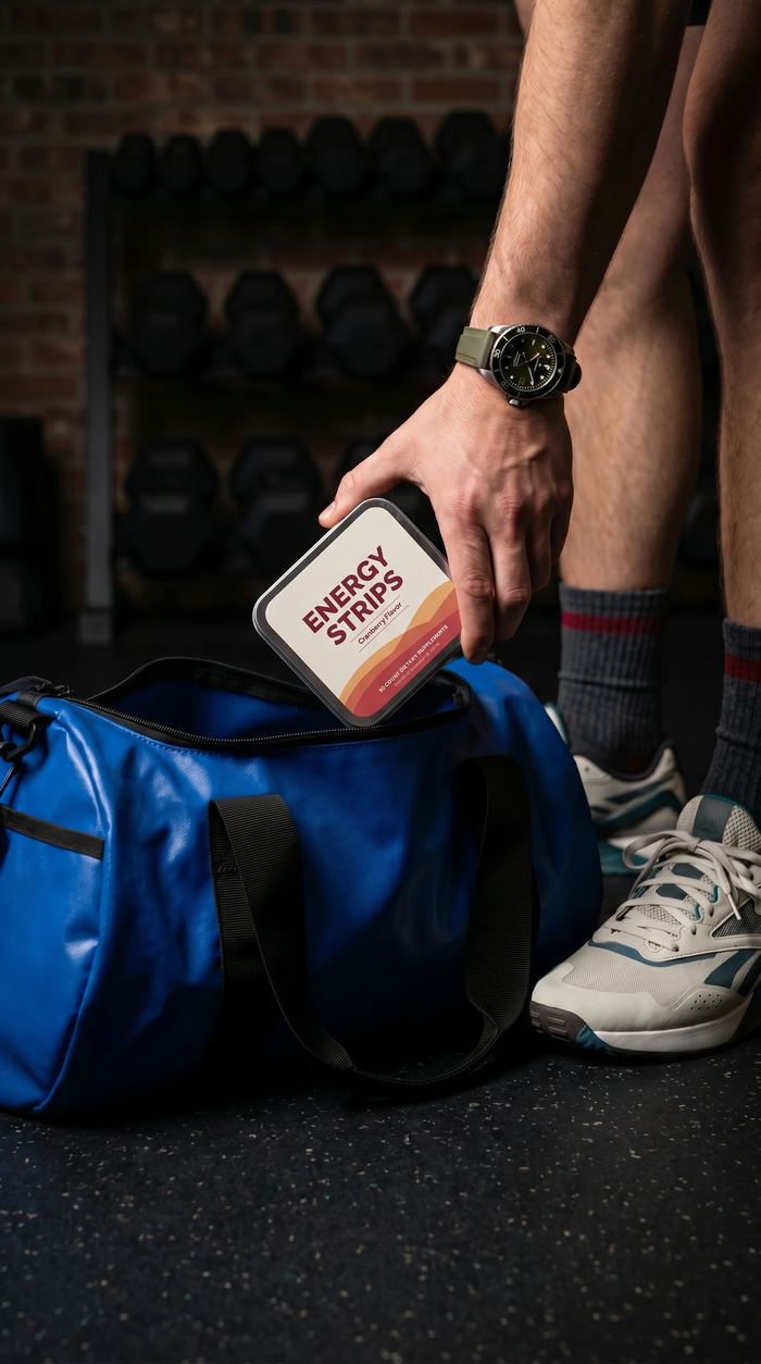 On the tongue, in the gym bag, in the bloodstream by warm-up. No pre-workout powder, no shaker bottle.