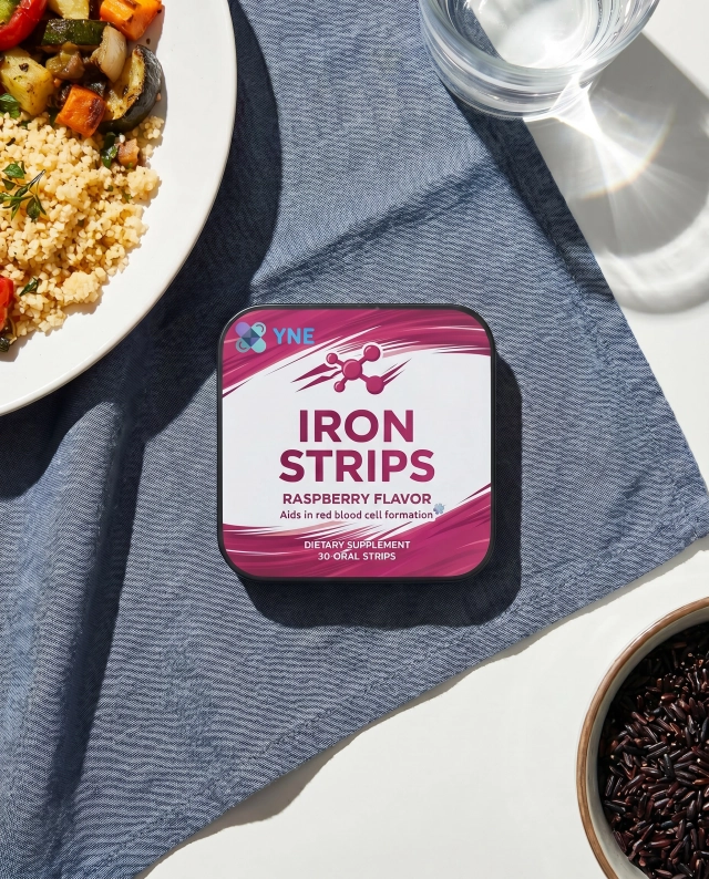 Vegetarians and vegans absorb less iron from food. The strip closes the gap without animal sourcing.