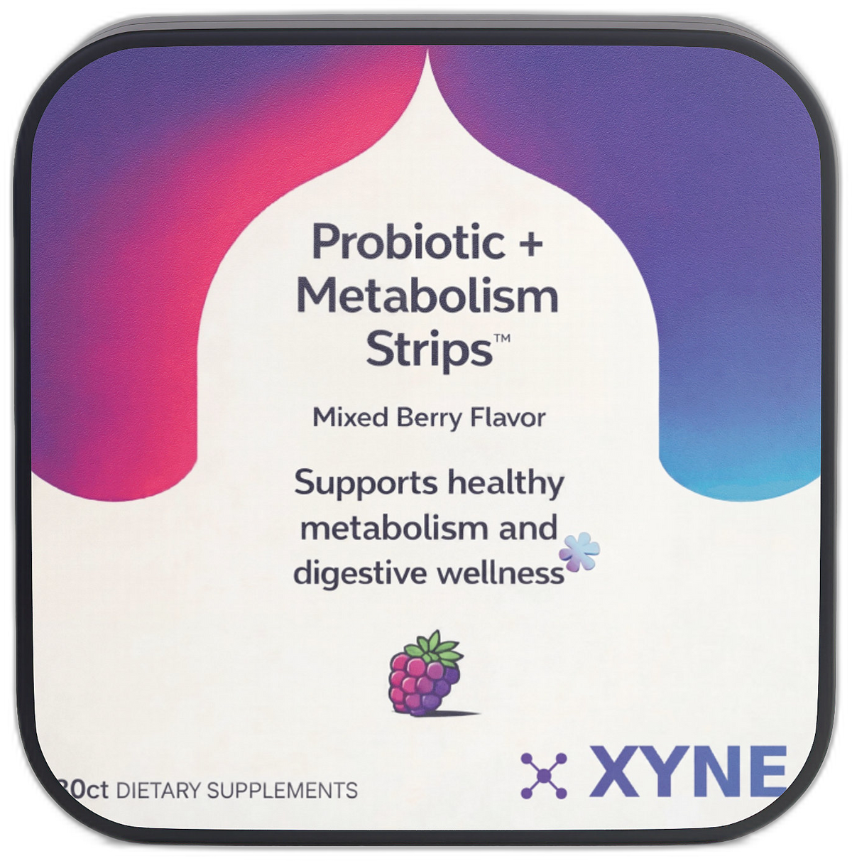 XYNE Probiotic tin open with strips falling