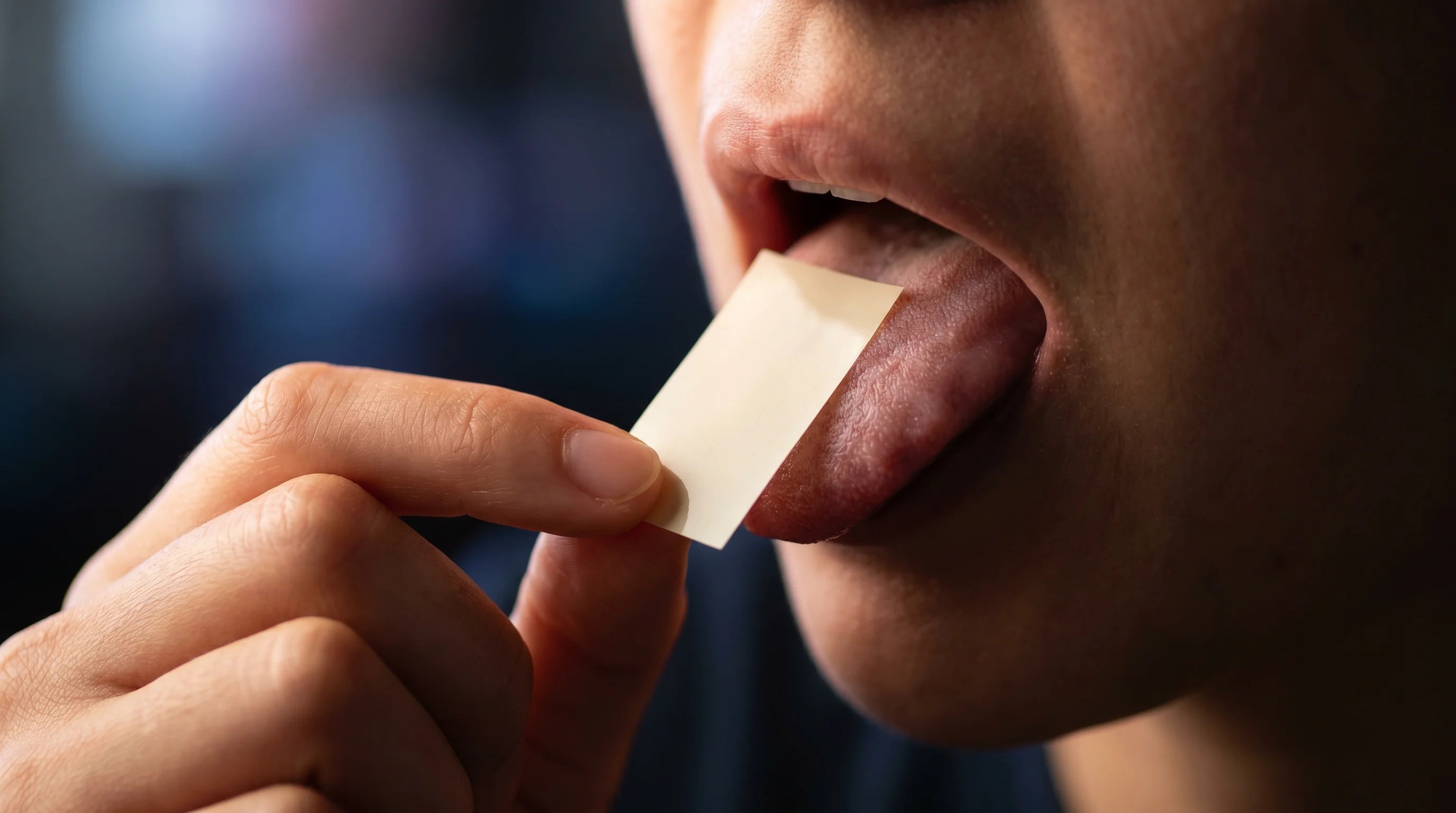 Placing a XYNE sublingual strip onto the tongue