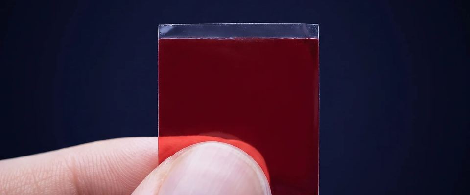 One XYNE strip, held upright on a fingertip.
