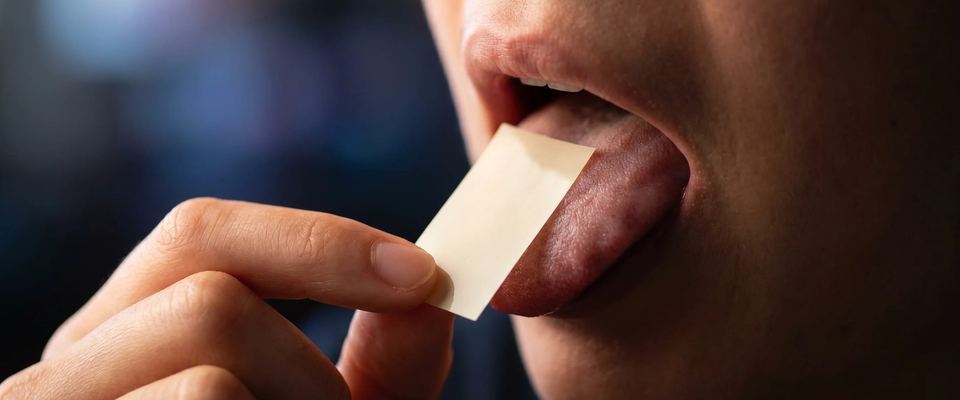 A XYNE strip being placed on the tongue.