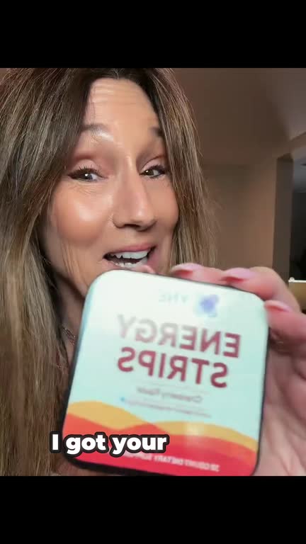 A creator holds the Energy Strips tin up to the camera and talks about a late night